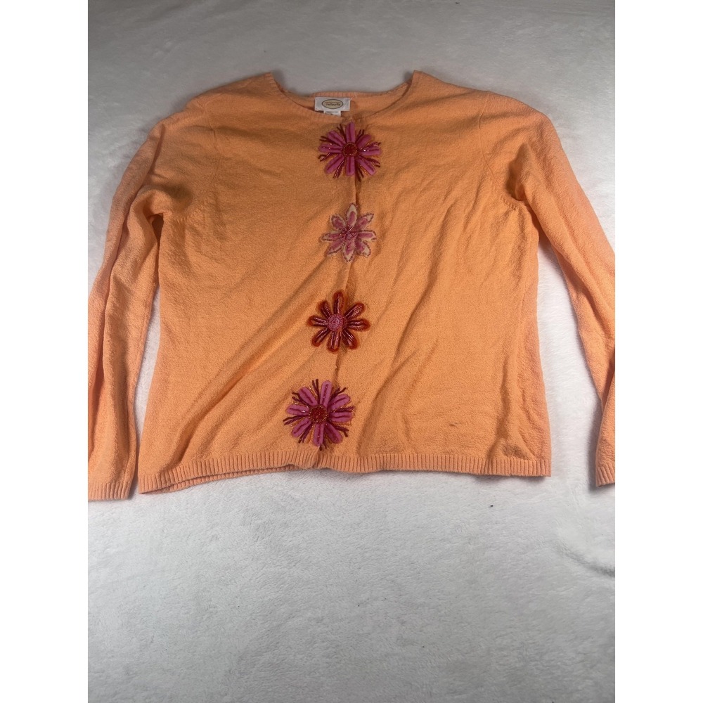 Talbots Sweater Womens XL Orange Beaded Floral Knit Crew Neck Pullover Daisy